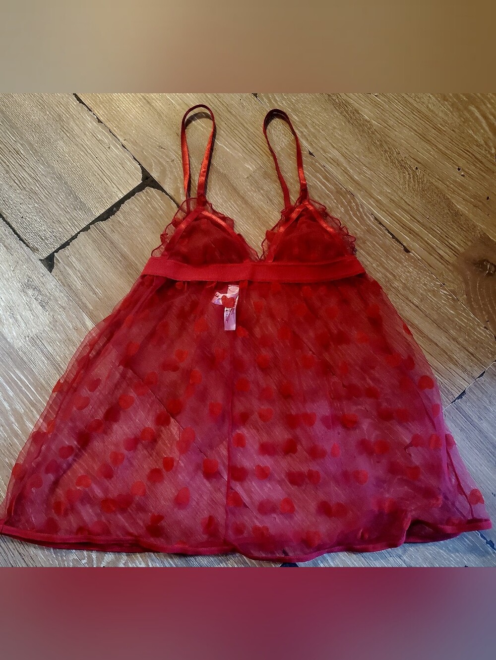Red Fully Sheer Mesh & Heart Babydoll Lingerie Chemise